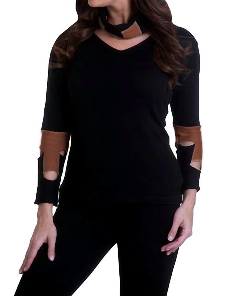 Front of a model wearing a size LG Cut Work Sweater in Black/Cognac in Black/Cognac by ANGEL. | dia_product_style_image_id:327616